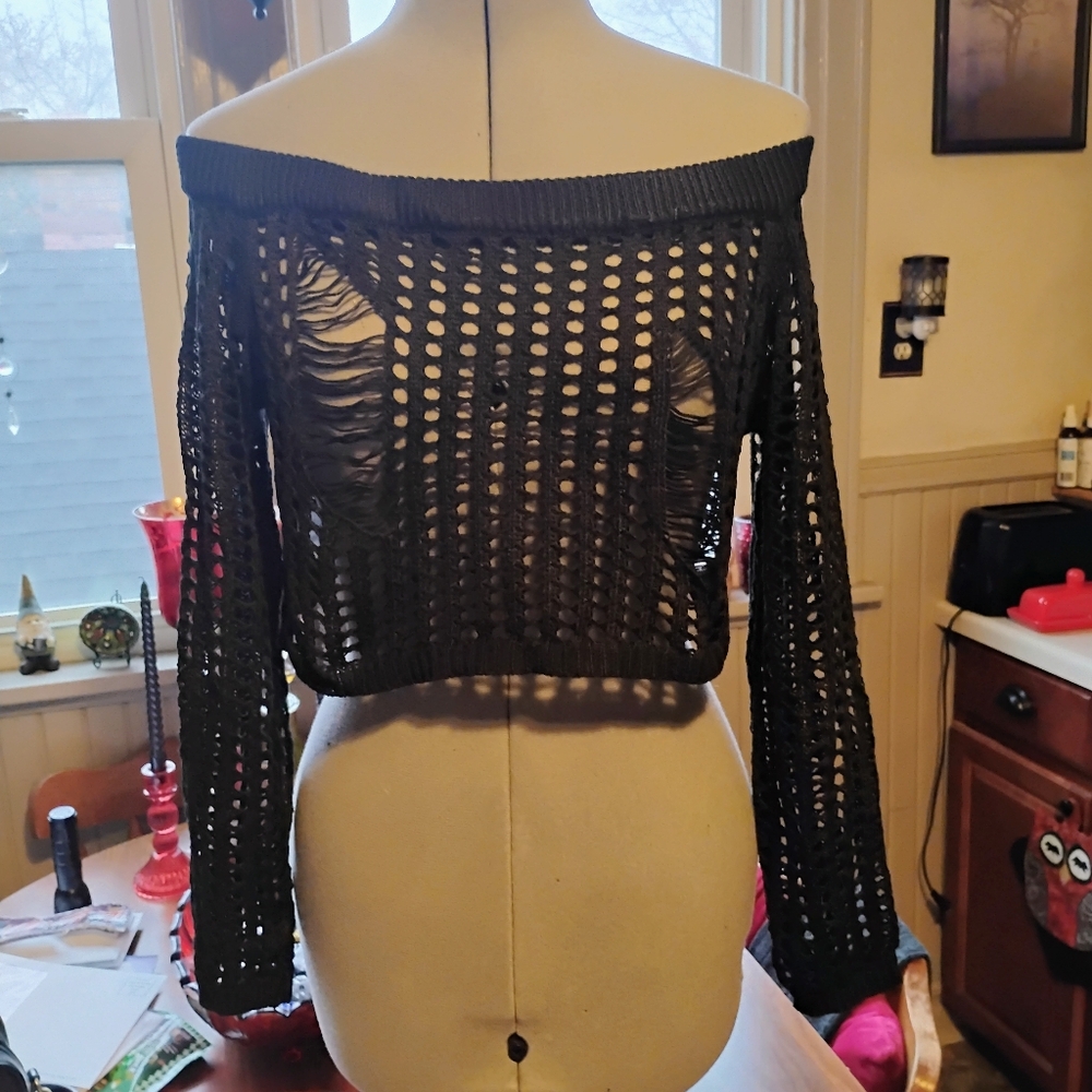 Black Off-Shoulder Crochet Sweater